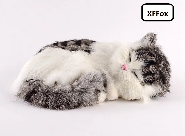 cute real life sleeping cat model plastic&furs gray&white cat doll gift about 27x10x18cm xf1374