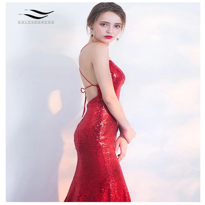 Solovedress formal com decote em v vestido de noite fotos reais mulher 2018 spagetti strap elegante sereia vestido com faixa SL-S001