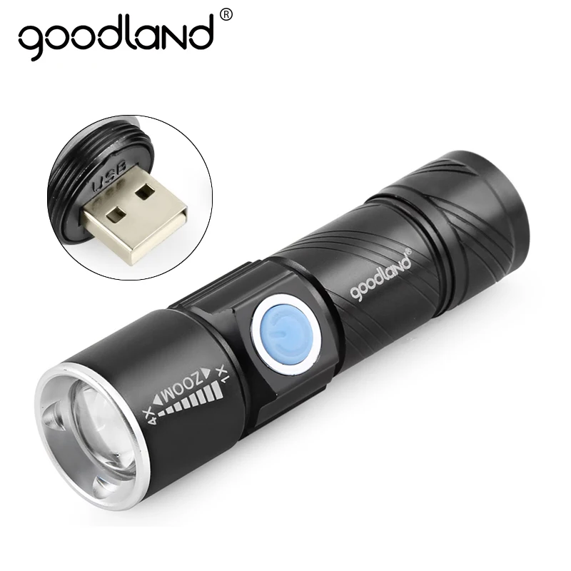 Goodland USB LED Flashlight Rechargeable LED Torch Q5 High Power Battery LED Lanterna Handy 3 Modes Zoomable Lantern For Bicycle