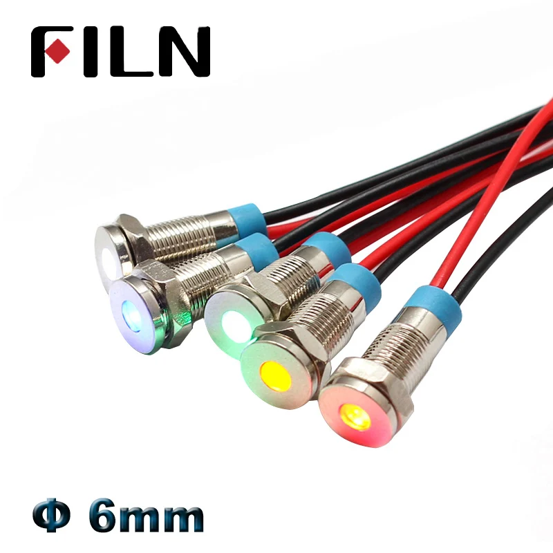 FILN 6mm 12v mini Metal LED Pilot Panel Dash Signal Indicator Warning light 14cm cable Chrome Finish Car Boat Marine pilot lamp