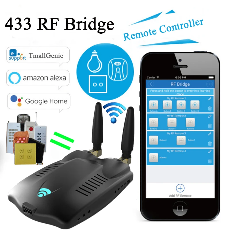 RF Bridge Wifi- 433 Wireless Smart Home Universal Curtain Blinds Garage Door Remote Controller, RF Bridge Roller Shutter Switch