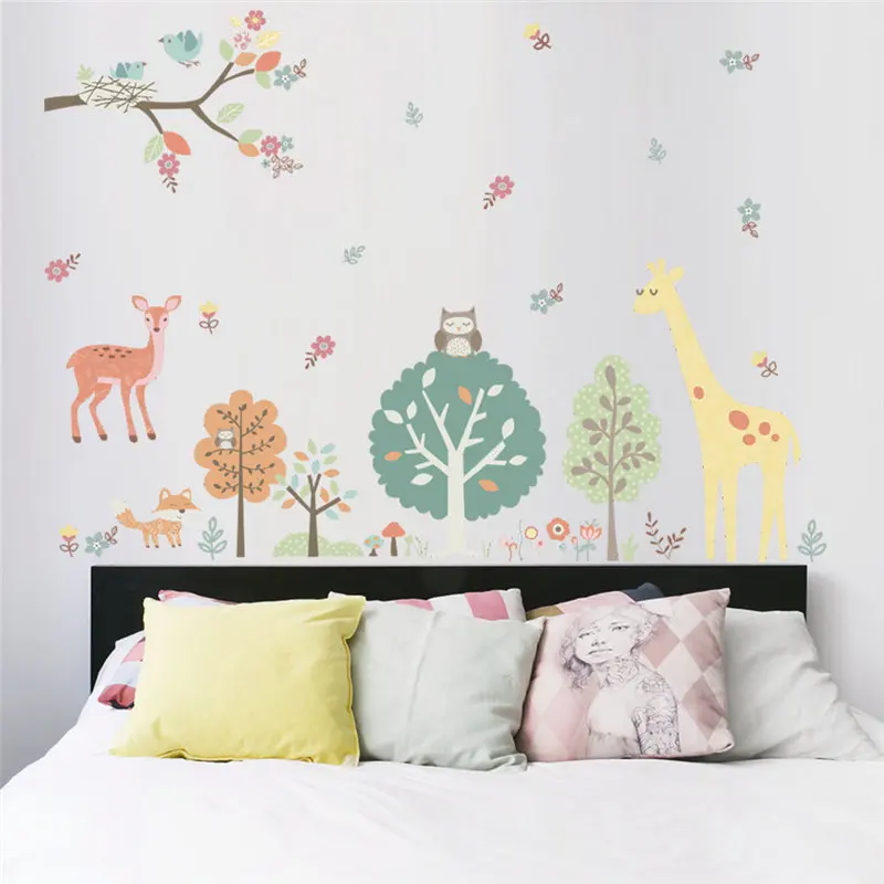 Lovely Animals Trees Wall Sticker For Kindergarten Kids Room Home Decoration Cartoon Giraffe Fox Deer Safari Mural Art Pvc Deca