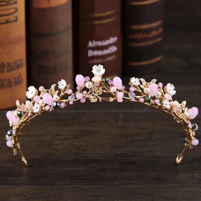 FORSEVEN Romantico Rosa del Fiore di Colore Perline di Cristallo Tiara Corone de Noiva Fascia Diadema di Cerimonia Nuziale Della Sposa Accessori Dei