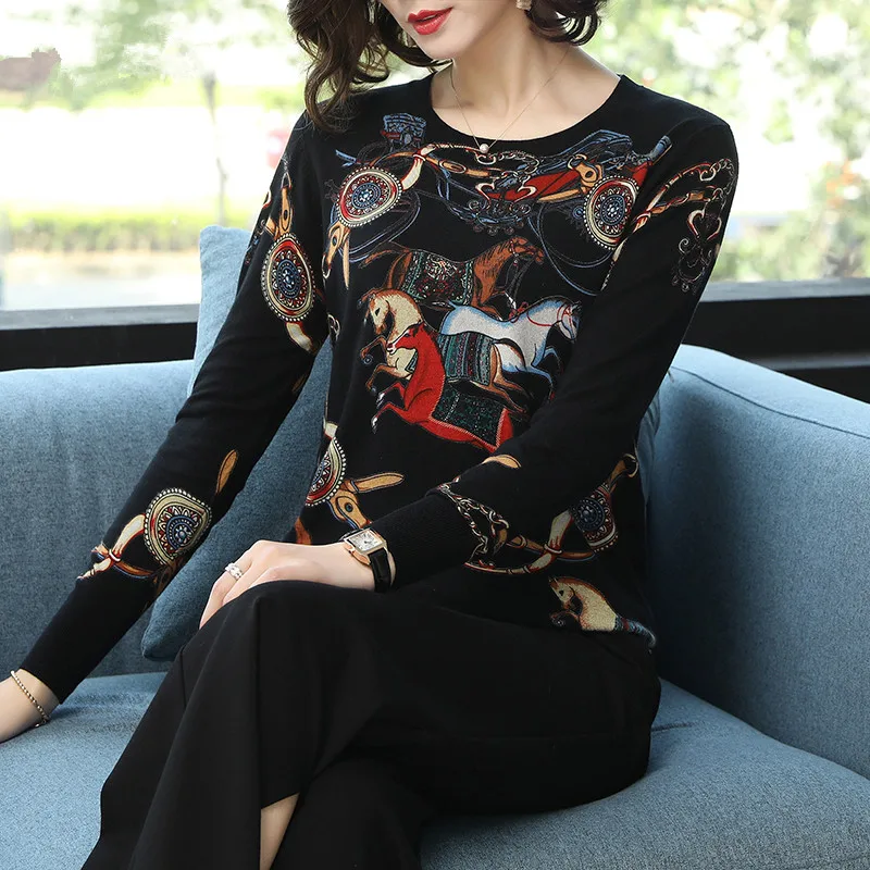 2024 high quality Spring Autumn Sweater Loose Knitted Color Sweater horse Women printing Pullover O-Neck Sweater female