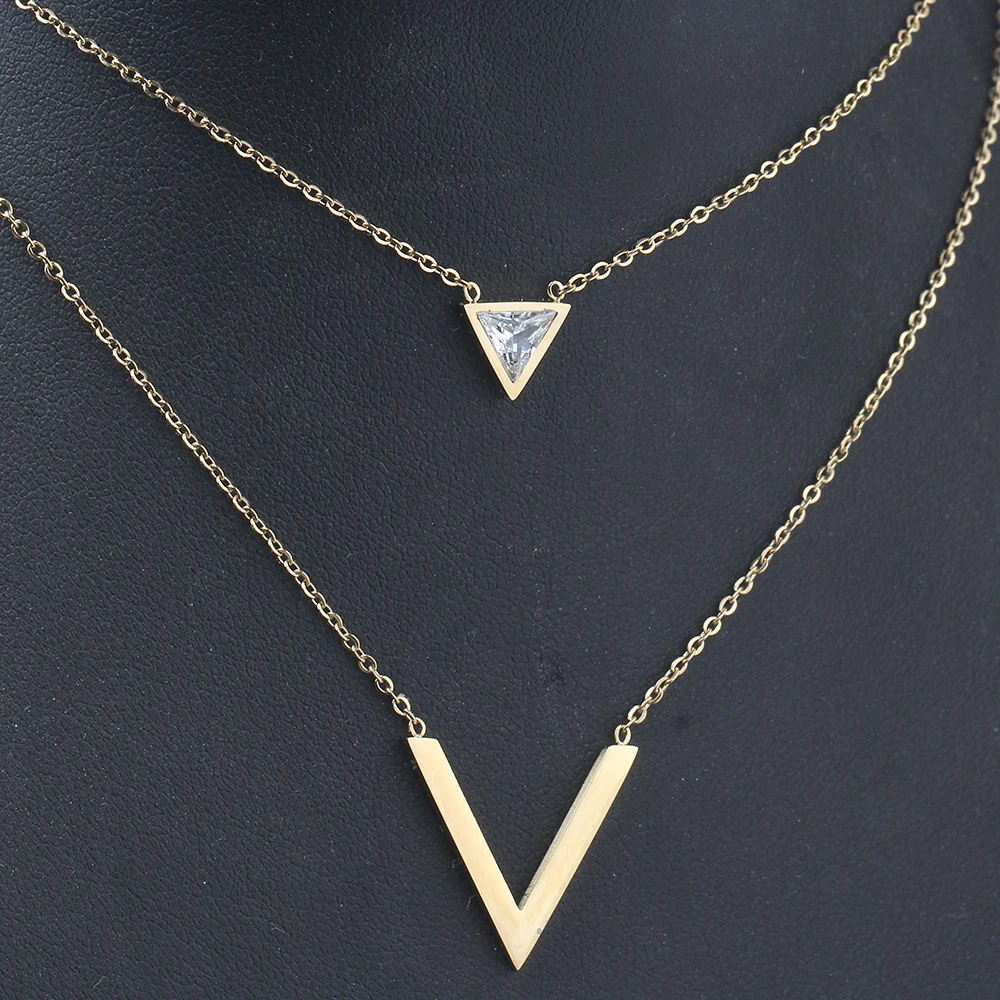 VQYSKO Gold-Color Double V Shape Necklace For Women Geometric Triange Cubic Zirconia Pendant & Necklace Trendy Collier