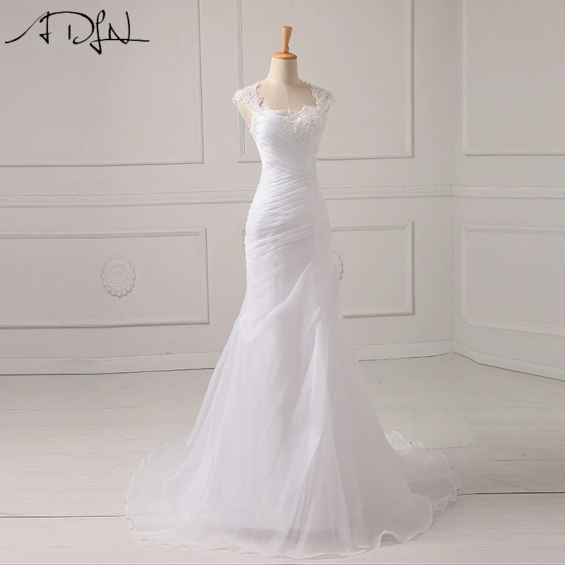 ADLN eleganckie suknie ślubne syrenka z zakładką krótki kimonowy rękaw Illusion powrót biały/Ivory Organza suknia ślubna Vestidos de Novia