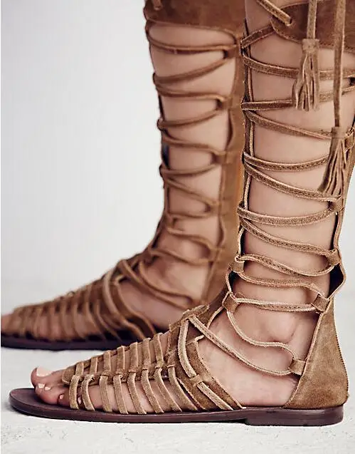 New Flat With Sandals Boots Woman Sexy Suede Knee High Lace-up Gladiator Boots Peep Toe Comfort Summer Casual Shoes Boots