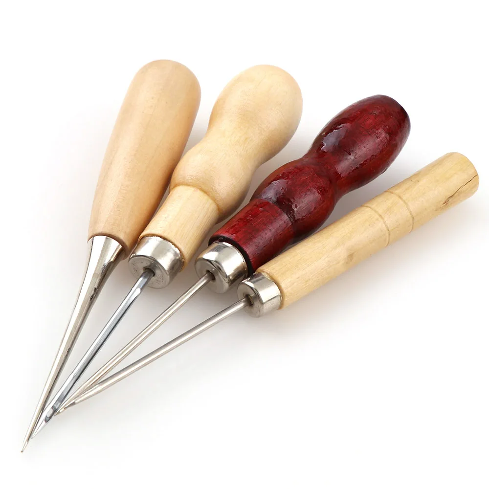 4 Styles Boxwood Redwood Gourd Canvas Leather Sewing Shoes Wood Handle Tool Awl Hand Stitching Taper Needle Tool Craft Supplies