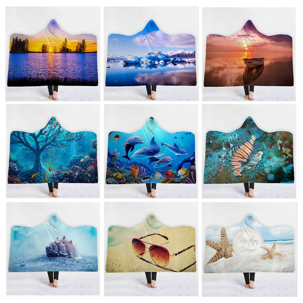 Ocean Landscape Series Hooded Blanket for Adults Sherpa Fleece Woman Throw Blanket Microfiber 2 Sizes