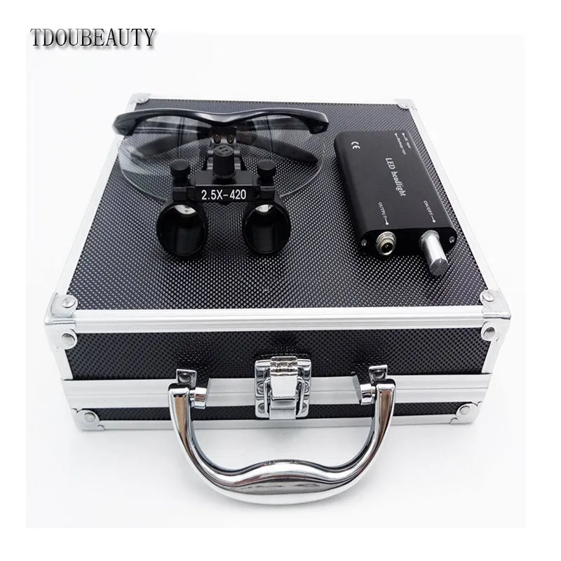 TDOUBEAUTY New 2.5x 420mm Surgical Binocular Loupes +Head Light Lamp +Aluminum Box(Black) Free Shipping