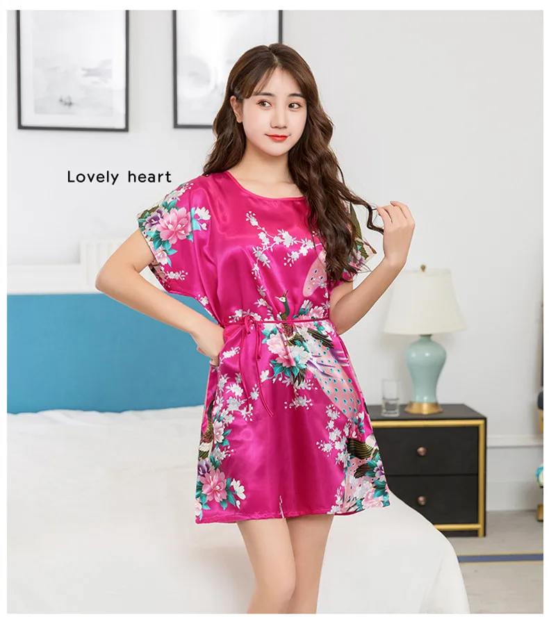 Summer New Women Nightgown Print Peacock Sleepwear Casual Night Dress Satin Sleep Shirt Sexy Nightshirt Female Sexy Home Dress