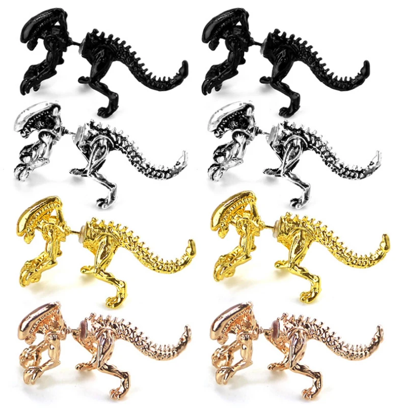 2pcs/Pairs Fashion Charm 3D Scary Monster Alien Stud Earring Black Color Dinosaur Jewelry For Women Men Halloween Gift