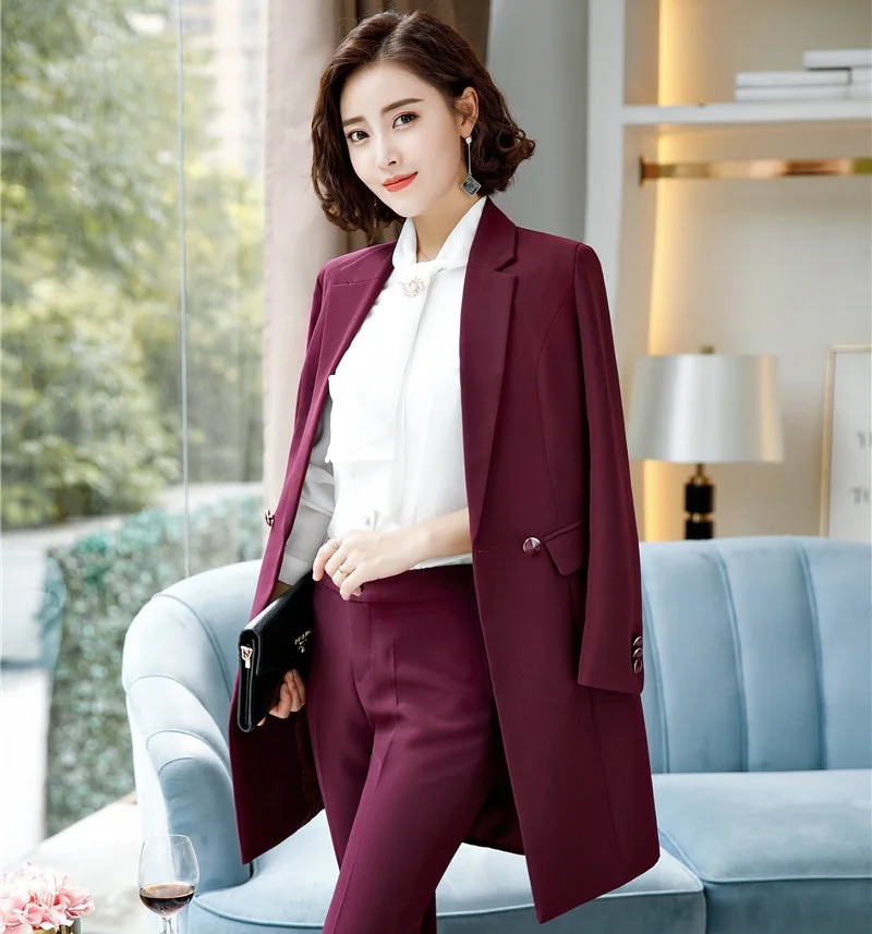 Elegant Wine British Styles Spring Fall Formal Blazers & Jackets Coat Middle Long Blazer Female Tops Outwear Clothes