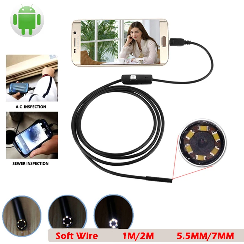 

1pc 7mm/5.5mm 1M Endoscope Mirco USB 2m 6LED Endoscope Camera Android Waterproof Pipeline PCB PC Inspection Mini Camera