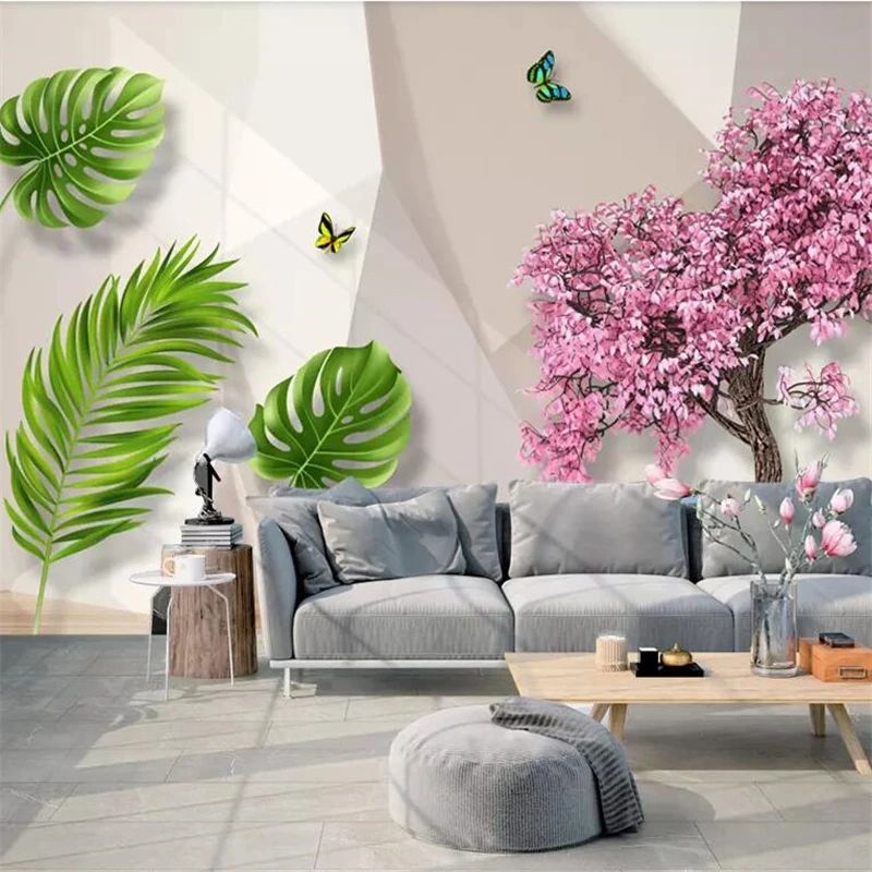 

beibehang 3D Stereo Scandinavian Flower Tree Banana Leaf Background Custom Large Mural Wallpaper papel de parede para quarto