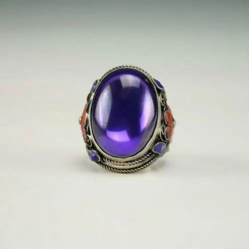 Elaborate Tibetan Vintage Handwork Silver Inlaid with Purple Zircon and Flower Ring