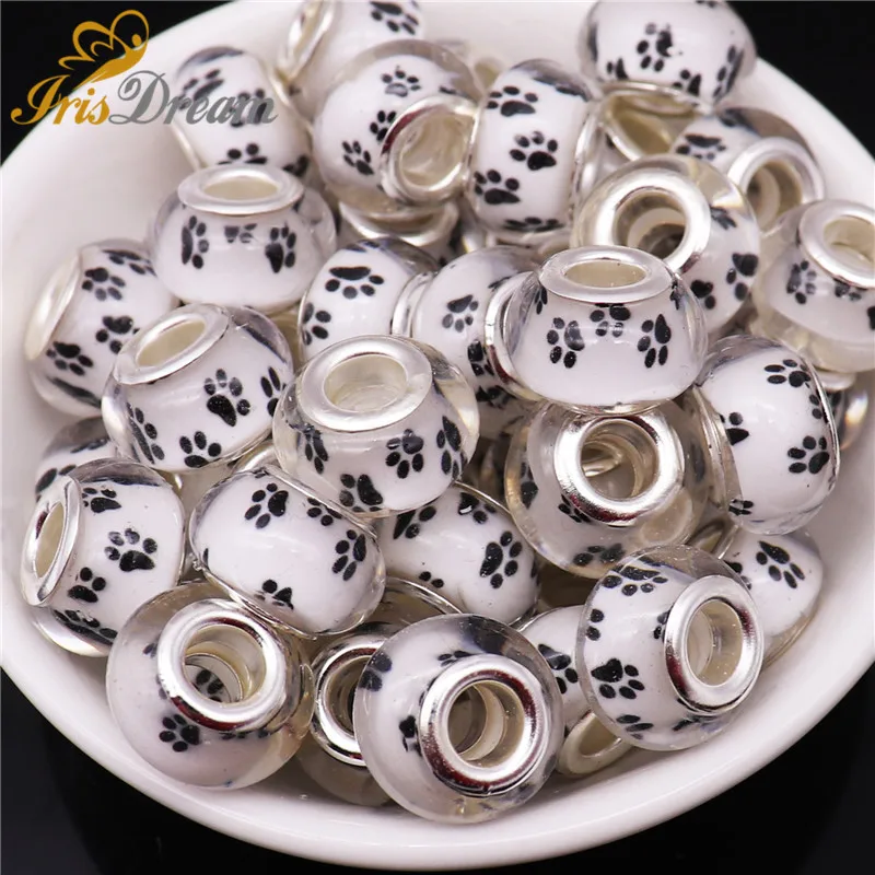 20Pcs Lovely Dog Paws Big Hole Murano Spacer European Beads Fit Pandora Charms Bracelet Chain Necklace Bead for Jewelry Making