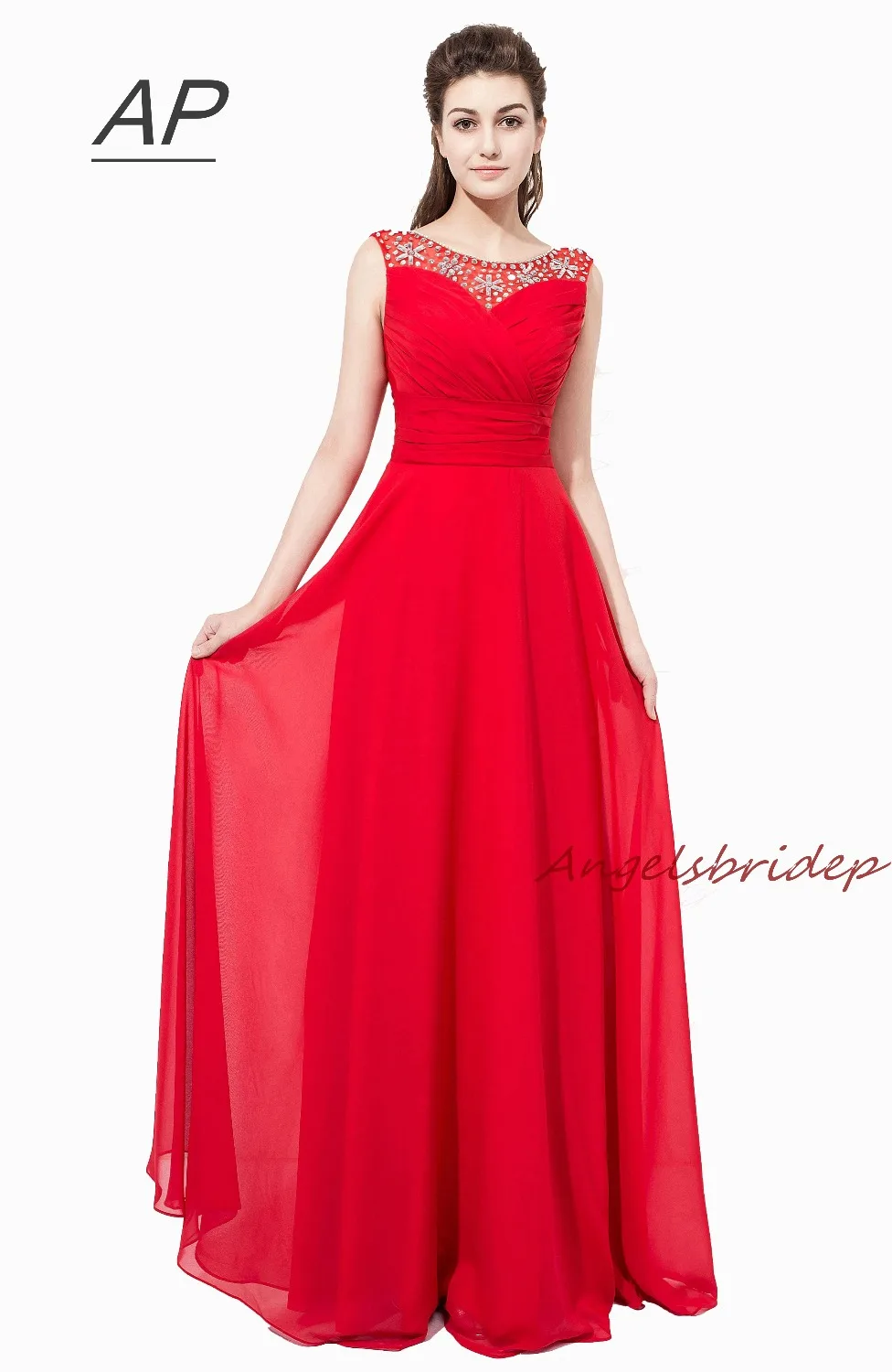 

ANGELSBRIDEP Bridesmaid Dresses Long Elegant Vestido Madrinha Sheer Neck Crystal Vestido De Festa A-Line Party Dresses