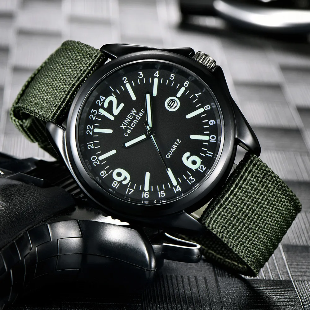 XINEW-reloj militar luminoso para hombre, cronógrafo de cuarzo con calendario, correa de nailon, deportivo, a la moda