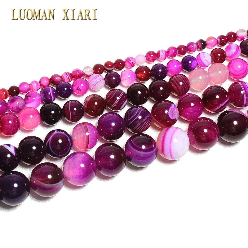 LUOMAN XIARI Natural Round Rose Red Banded Agate Stone Beads For Jewelry Making DIY Bracelet Material 4/ 6/8/10/12mm Strand 15''