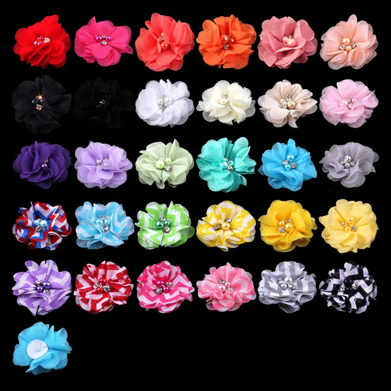 

120pcs/lot 2" 30colors Artificial Chiffon Flower+Rhinestones And Pearls For Girls Hair Accessories Fabric Flowers For Headbands