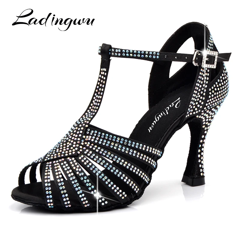 Ladingwu NEW Ballroom Dance Shoes Glitter Small Austrian Drill Latin Dance Shoes for Women Black Satin Salsa Dancing Shoes