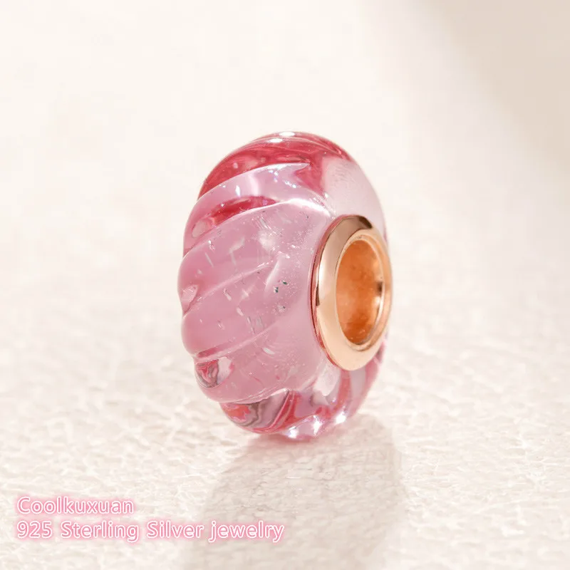 

Mother's Day 100% 925 Sterling Silver Glittering Grooves Charm Pink , Purple Glass beads Fits Original Pandora bracelets