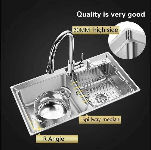 Free shipping Standard stretch faucet kitchen double groove sink fashion 304 food grade stainless steel hot sell big 81x44 CM