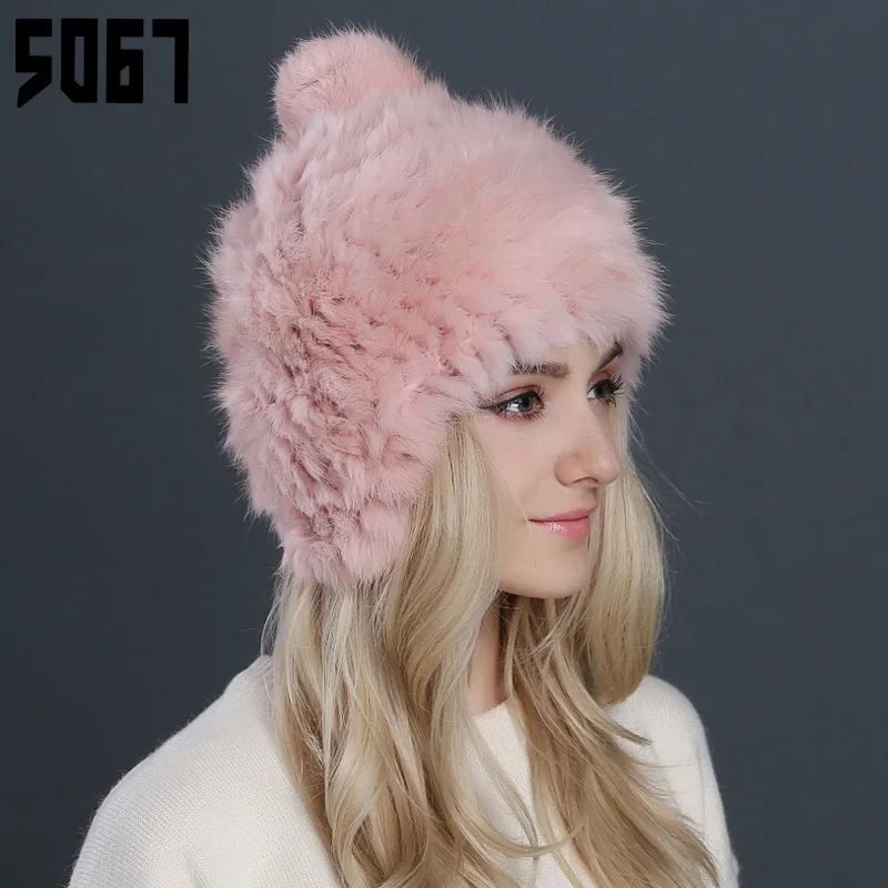 Lady Winter Warm Rabbit Hair Hat Girls Fashion Pompom Fur Cap Women's Warm Ears Production Thickened Knitted Hat Adjust A52