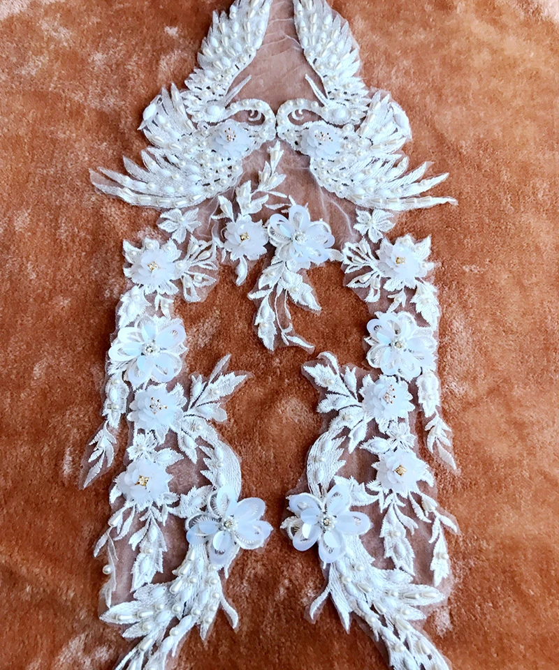 

1piece Lace Appliques For Clothes Pearls Floral Beaded Lace Applique Rhinestone Costume Lace Trim Embroidered Bridal Fabric