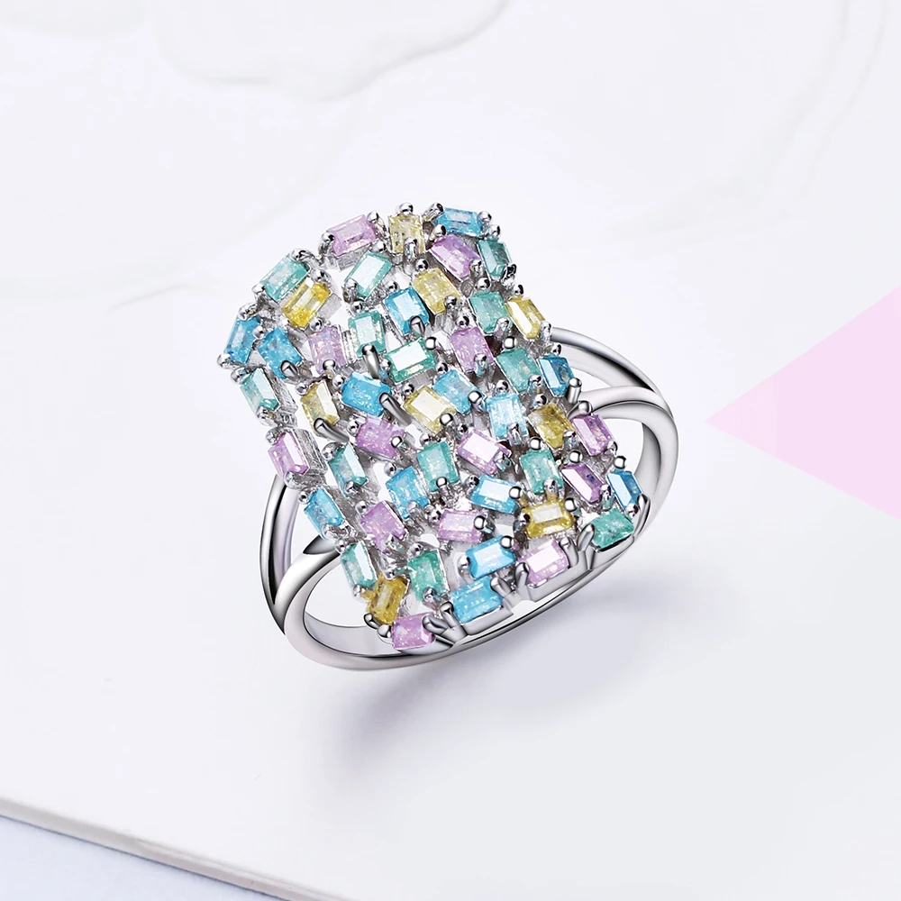 Anéis de zircônia retangulares multicoloridos para mulheres, acessório de joias de moda de primavera de luxo