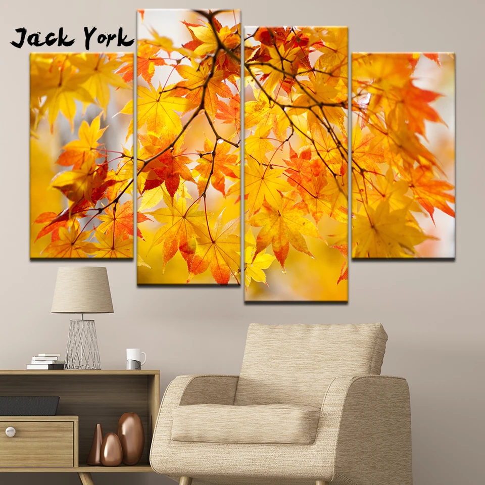 Canvas Painting Yellow maple leaves in autumn 4 Pieces Wall Art Painting Modular Wallpapers Poster Print living room Home Decor