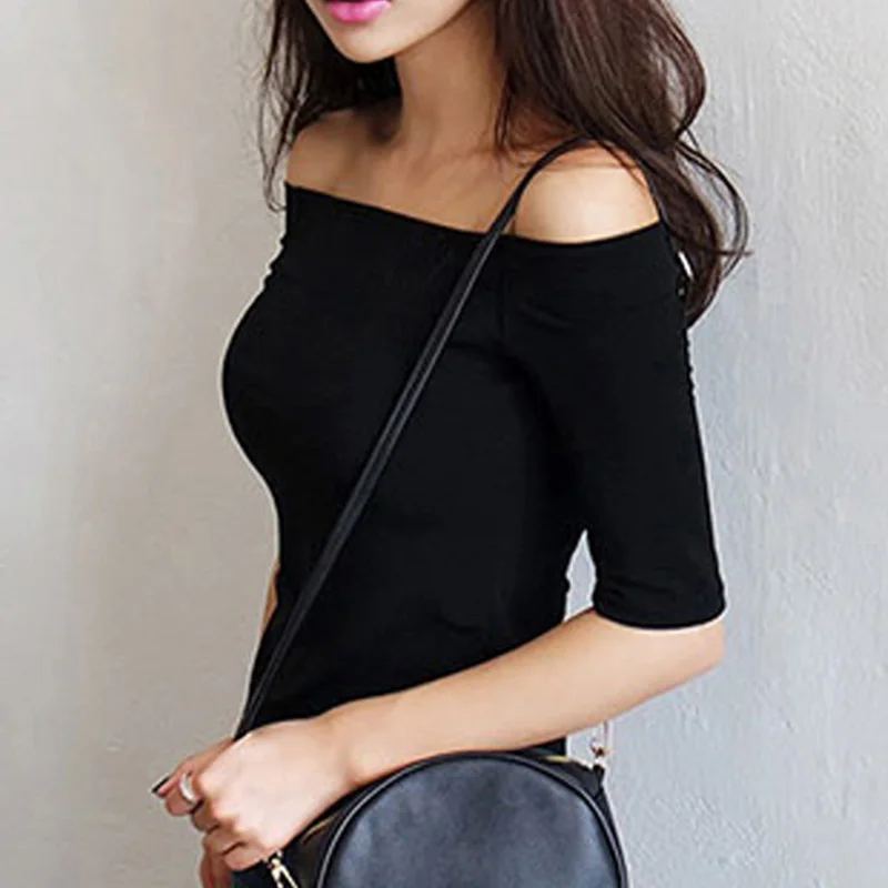 Women Autumn T-shirts Half Sleeves Off Shoulder Pullover Slim Fit Casual Tops -MX8