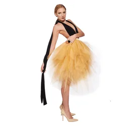 Bohemian Gold Lush Midi Tulle Skirts Asymmetrical 2017 Puffy Tutu Skirt For Women Zipper Style Tiered Ruched Knee Lnegth Skirt