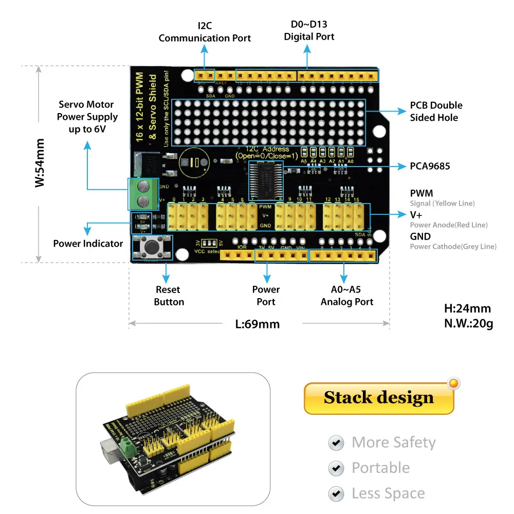 Keyestudio PCA9685 16-Channel Servo Motor Drive Shield I2C For Arduino Robot Raspberry Pi
