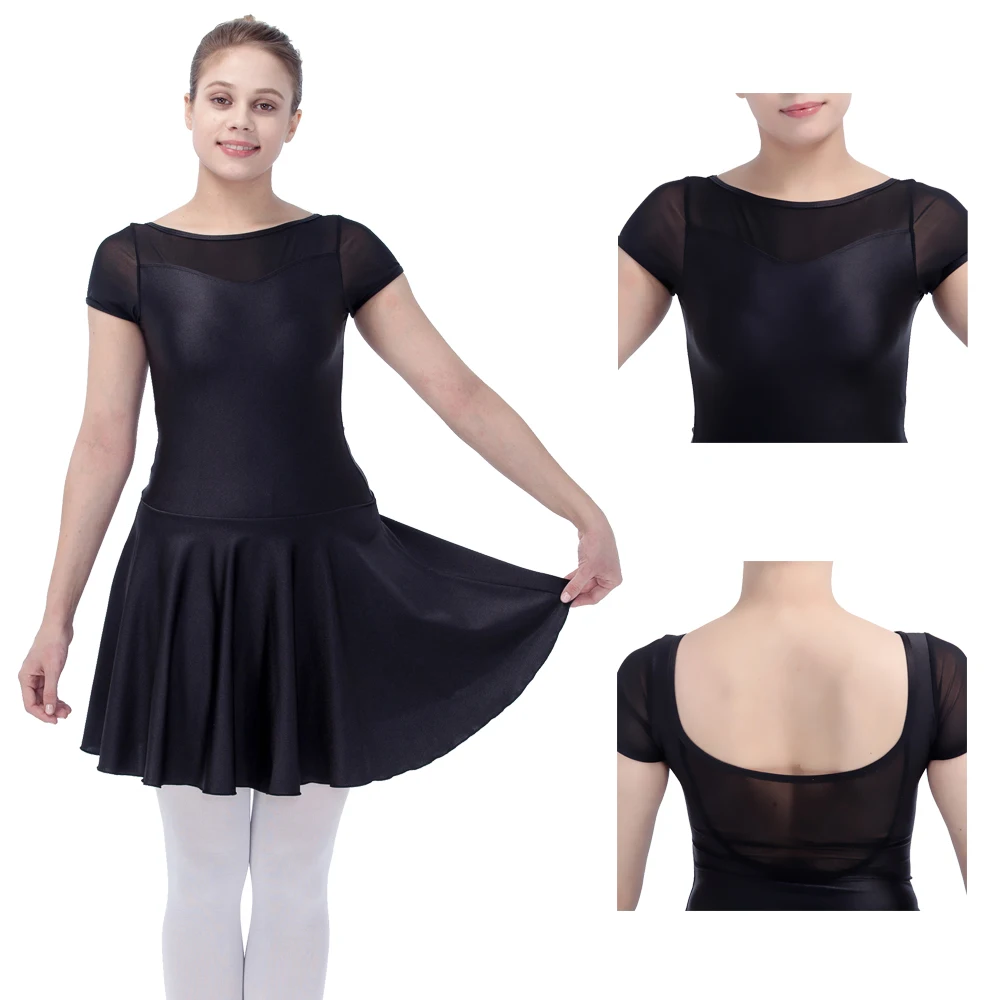 

Retail Wholesale Black Cap Sleeve NylonLycra Mesh Leotard Dress Girls Dancewear Ladies Skating Costume