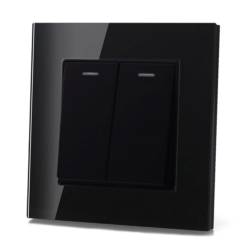 2 Gang 1 Way Wall Light Switch Black Glass Mirror Panel Lamp Switches Outlet AC250V 16A With LED Indicator