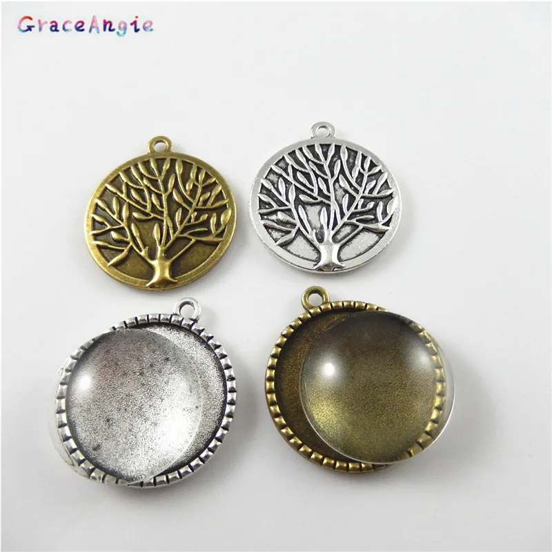 GraceAngie 8Pcs Mixed Color Round Tree of Life With Glass Sheet Pendant Charms Necklace Accessory Creative Jewelry 52774