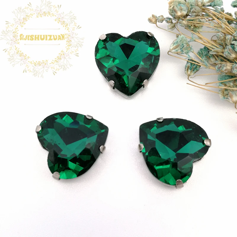 Best-selling! Malachite green heart shape Glass Crystal sew on rhinestones with four claw Diy Wedding dress and Shoes