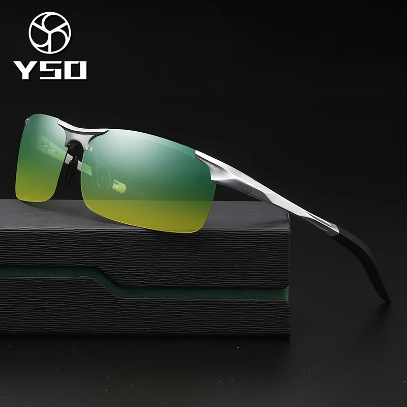 

YSO Sunglasses Men Polarized UV400 Aluminium Magnesium Frame HD Night Vision Driving Glasses Semi Rimless Accessory For Men 8177