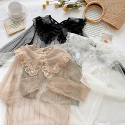 Spring Summer Women Hollow Out Mesh Blouse Sweet Ruffles Lace Shirts Female Peter Pan Collar Long Sleeve Bottoming Blouses A1309