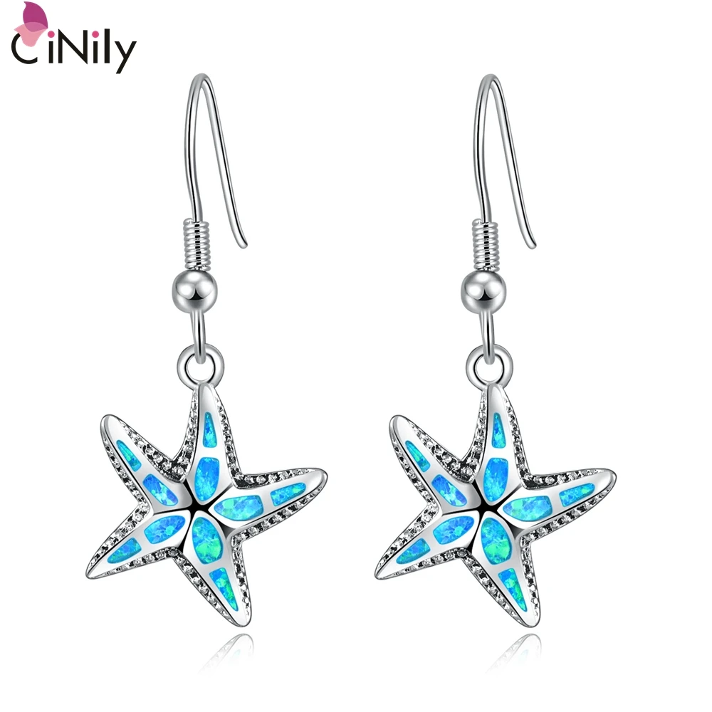 CiNily Created Blue Fire Opal Silver Plated Earrings Wholesale Retail for Women Jewelry Dangle Earrings 1 3/8