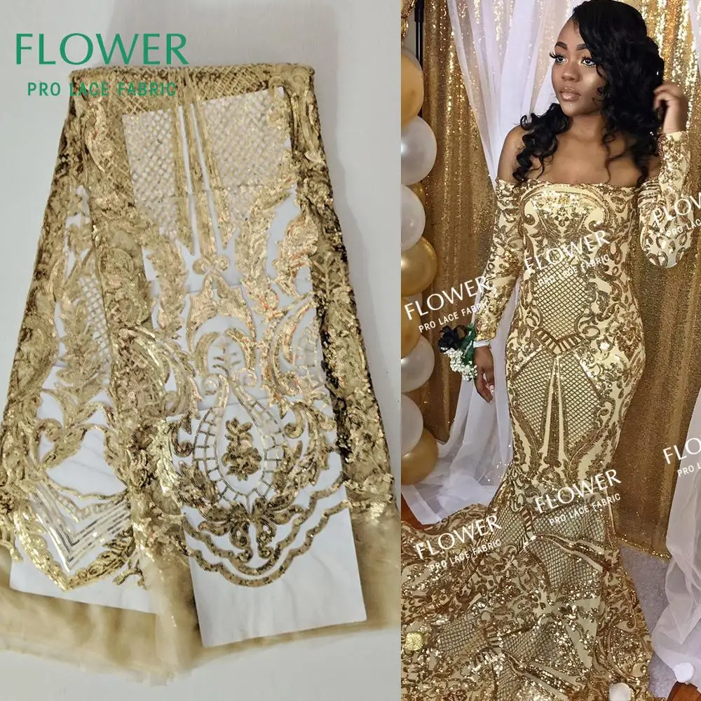 Gold Sequined Embroidered Net Lace Fabrics 2019 Classical Design African Guinea Sequins Wedding Mesh Prom Dresses Sewing Fabircs