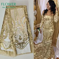 Tessuti di pizzo netto ricamati con paillettes dorate 2019 Design classico paillettes Guinea africane abiti da ballo in rete da sposa cucito Fabircs