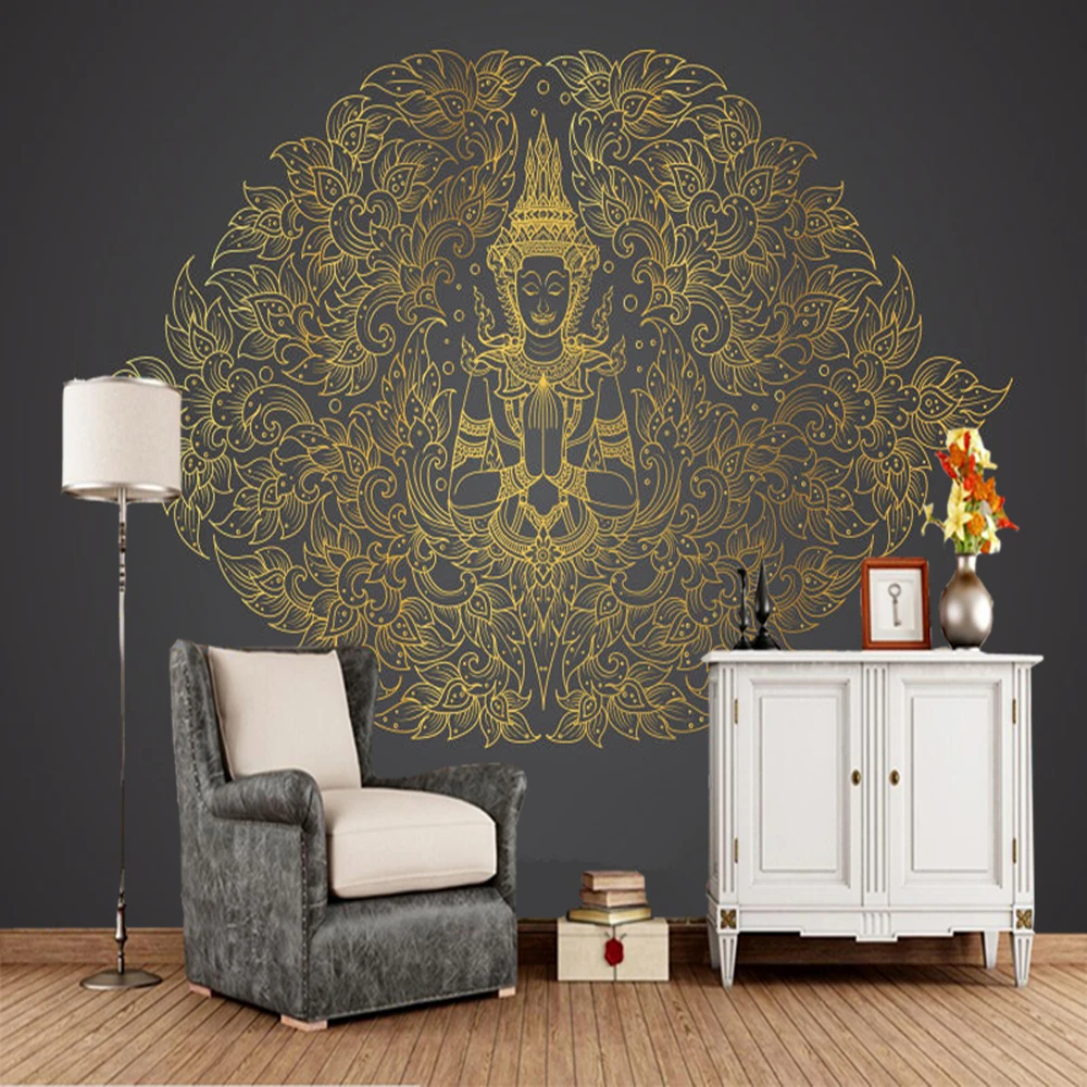 

Papel de parede Thai ethnic pattern Buddha retro 3d wallpaper,living room TV sofa wall bedroom restaurant mural