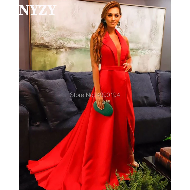 

NYZY E118 Satin Halter Deep V Neck High Slit Red Evening Dress Long Formal Dress Women Elegant Robe Soiree Vestido de Gala