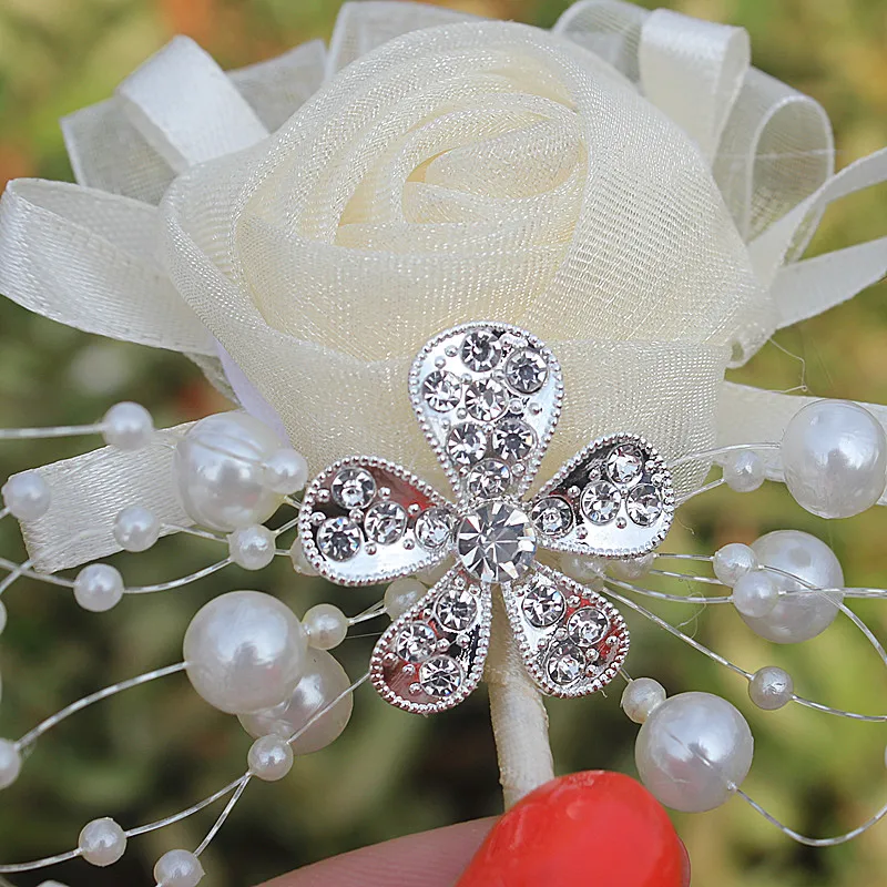 Em estoque venda quente 1 pçs/lote casamento marfim corsages boutonniere noivo diamante cristal flores de casamento pérola frisado broche flores