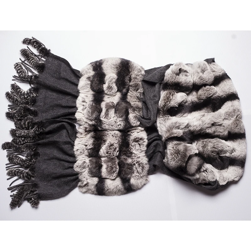 poncho women scarf with fur natural rex rabbit fur tassel autumn winter spring Cashmere chinchilla color S29