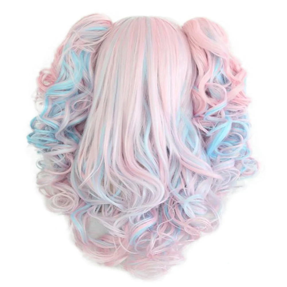 HAIRJOY Women 70cm Long Blue Mixed Pink Wavy Braided 2 Ponytails Synthetic Party Cosplay Wig 30 Colors Available