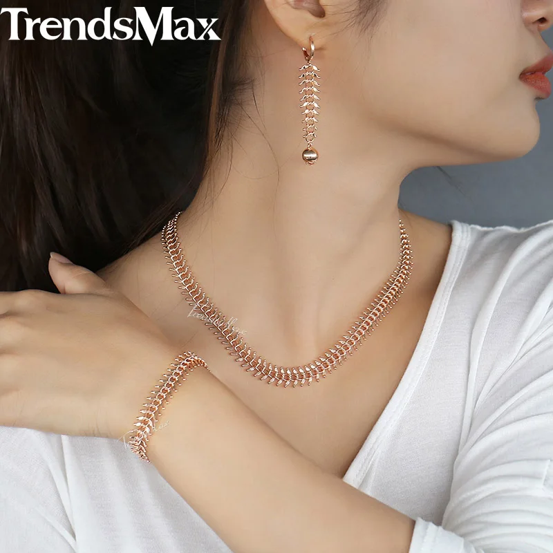 585 Rose Gold Link Chain Necklace Bracelet Earrings For Women Girls Party Wedding Jewelry Set  CSM01